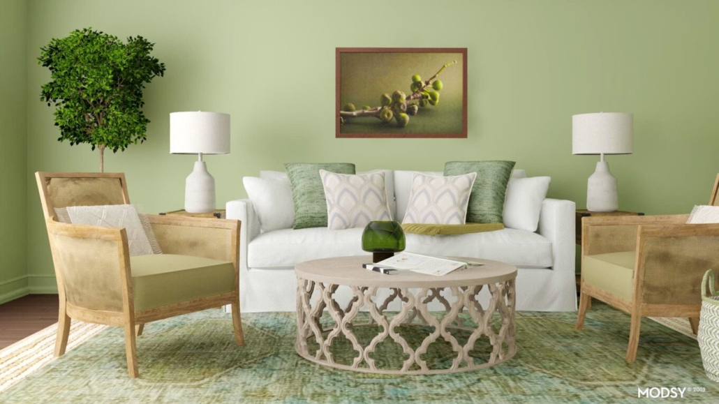 Ruang tamu dengan tampilan warna hijau, sumber rukita.co